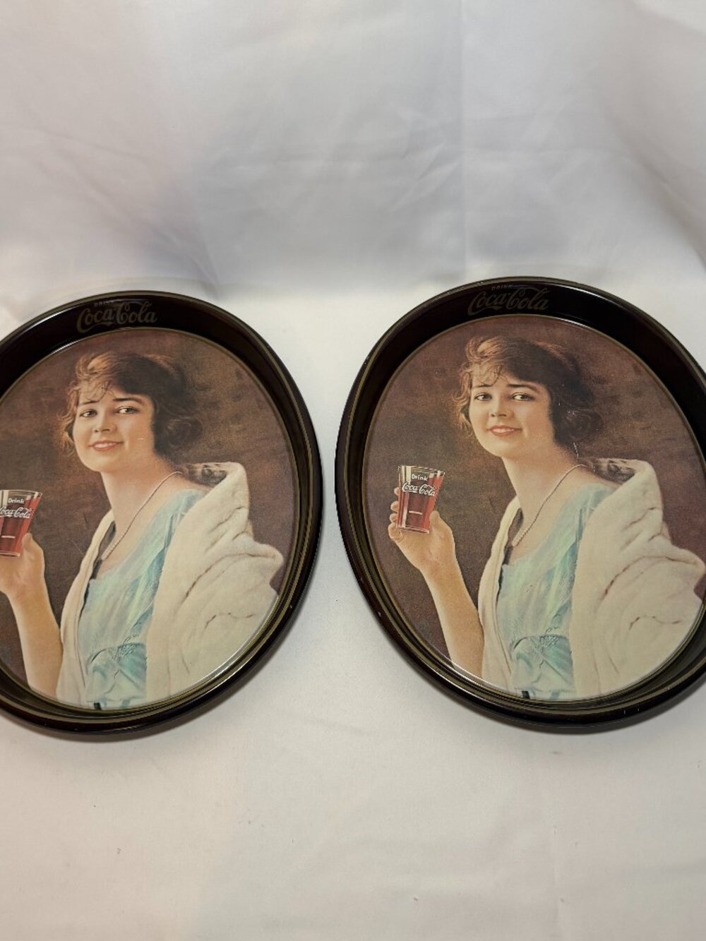 2x Drink Coca-Cola 1973 Flapper Girl Oval Metal Serving Tray Advertising 1923